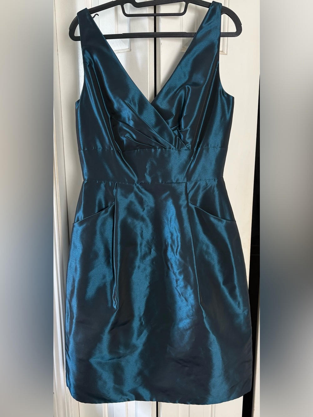 Belsoie Deep Teal V-Neck Formal Dress w/ Unique Tulip Hem/Ruffle detail/Pockets